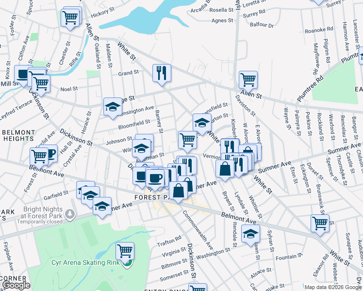 map of restaurants, bars, coffee shops, grocery stores, and more near 44 Scott Street in Springfield