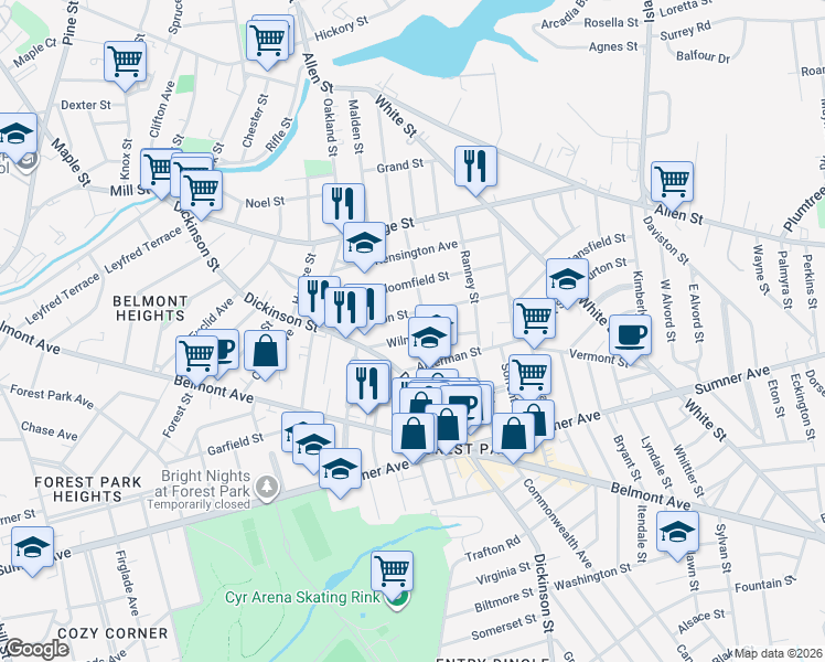 map of restaurants, bars, coffee shops, grocery stores, and more near 97 Johnson Street in Springfield