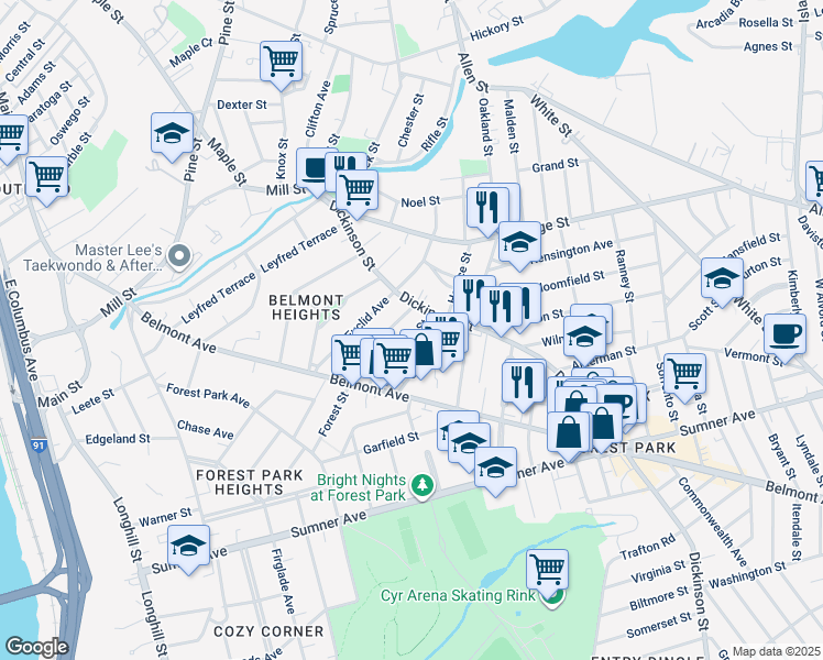 map of restaurants, bars, coffee shops, grocery stores, and more near 92 Hall Street in Springfield