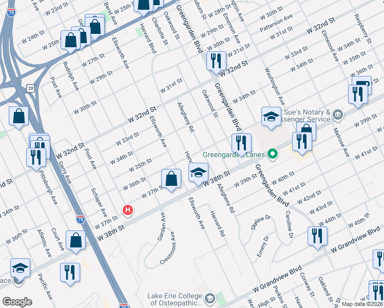 map of restaurants, bars, coffee shops, grocery stores, and more near 3401-3599 Harvard Blvd in Erie