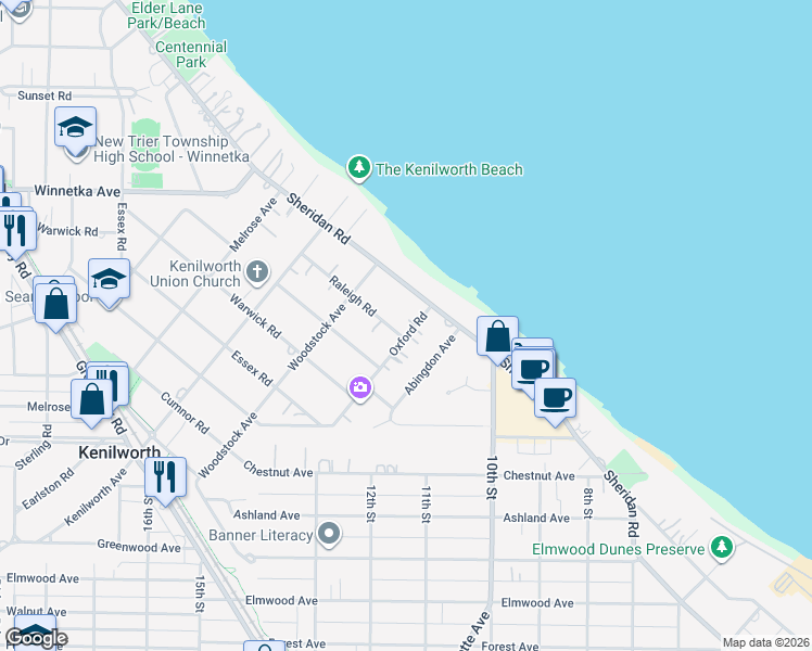 map of restaurants, bars, coffee shops, grocery stores, and more near 221 Raleigh Road in Kenilworth