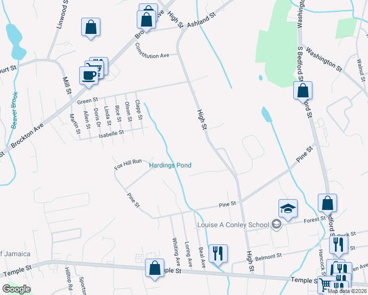 map of restaurants, bars, coffee shops, grocery stores, and more near 342 High Street in Whitman