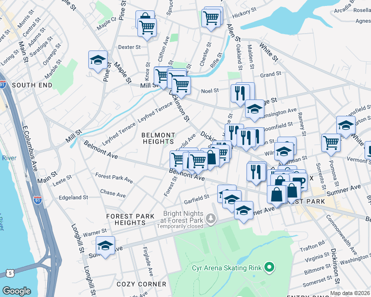 map of restaurants, bars, coffee shops, grocery stores, and more near 99 Euclid Avenue in Springfield