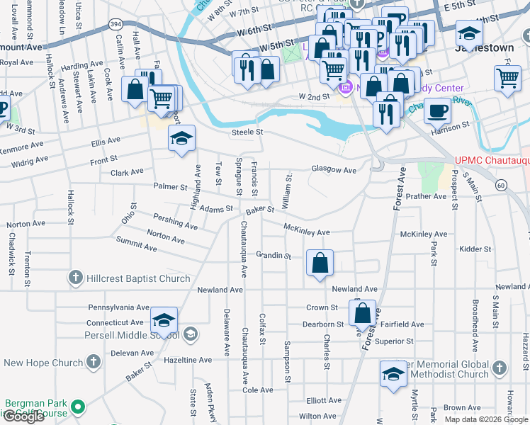 map of restaurants, bars, coffee shops, grocery stores, and more near 16 Chapman Street in Jamestown