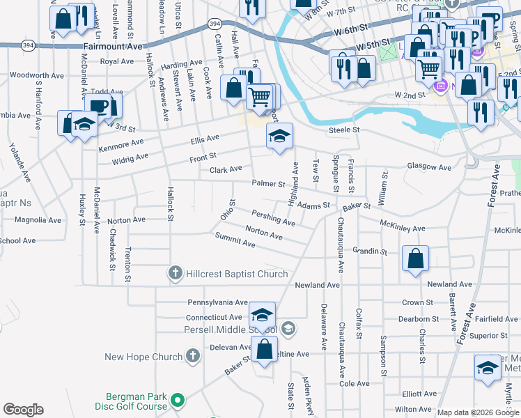 map of restaurants, bars, coffee shops, grocery stores, and more near 88 Pershing Avenue in Jamestown
