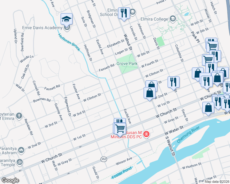 map of restaurants, bars, coffee shops, grocery stores, and more near 517 Euclid Avenue in Elmira