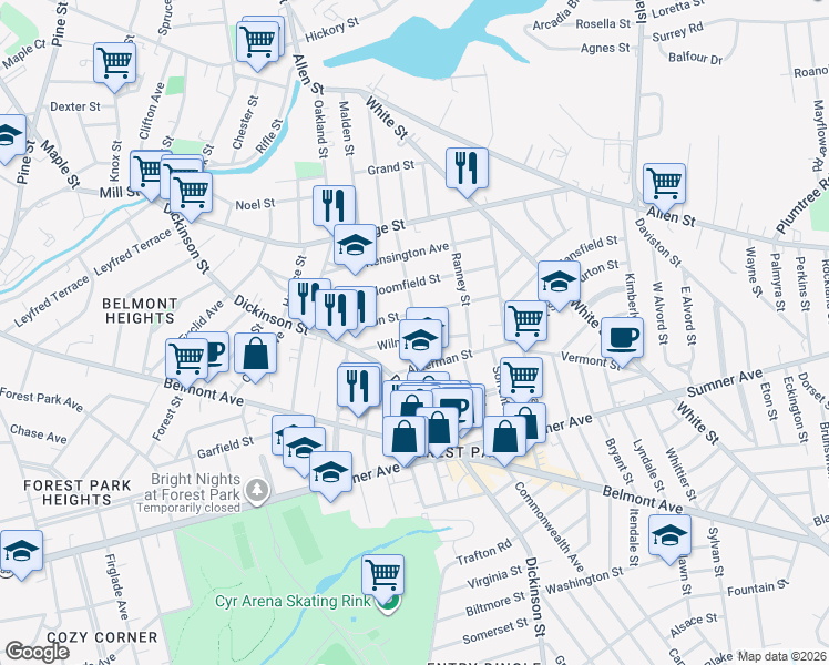 map of restaurants, bars, coffee shops, grocery stores, and more near 64 Wilmont Street in Springfield