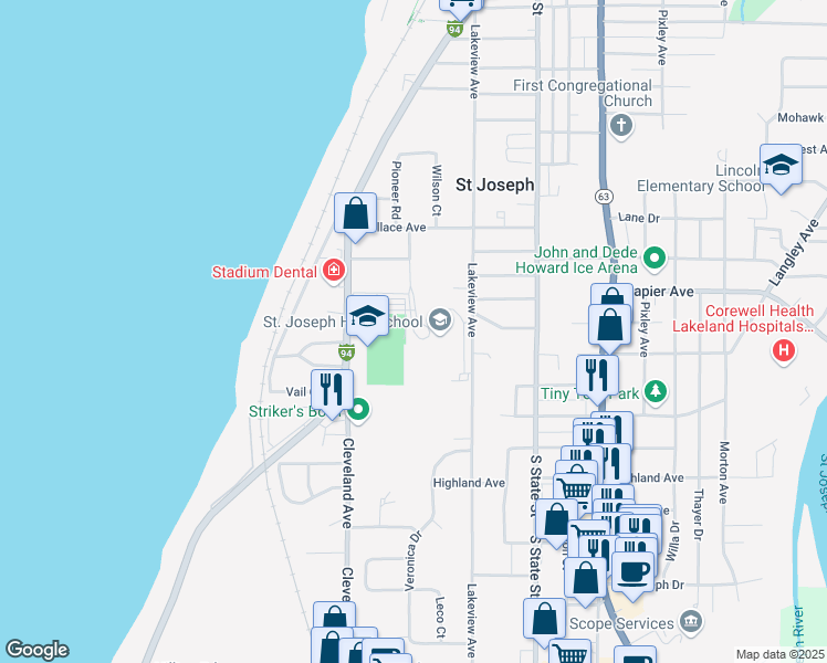 map of restaurants, bars, coffee shops, grocery stores, and more near 2521 Stadium Drive in St. Joseph