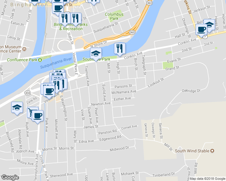 map of restaurants, bars, coffee shops, grocery stores, and more near 8 Parsons Street in Binghamton