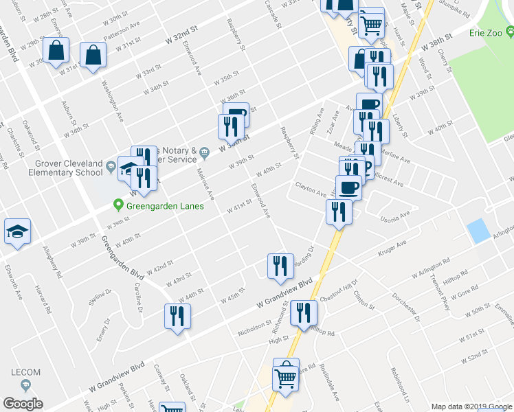 map of restaurants, bars, coffee shops, grocery stores, and more near 4108 Elmwood Avenue in Erie