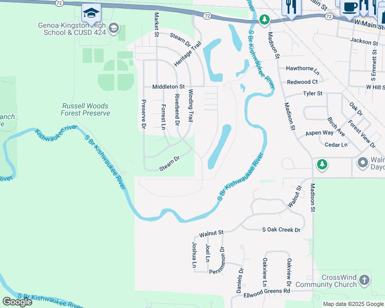 map of restaurants, bars, coffee shops, grocery stores, and more near 600 Stearn Drive in Genoa