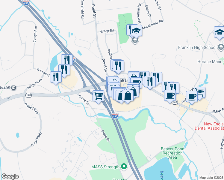 map of restaurants, bars, coffee shops, grocery stores, and more near 500 Franklin Village Drive in Franklin