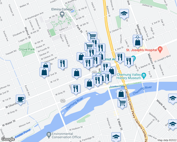 map of restaurants, bars, coffee shops, grocery stores, and more near 303 College Avenue in Elmira