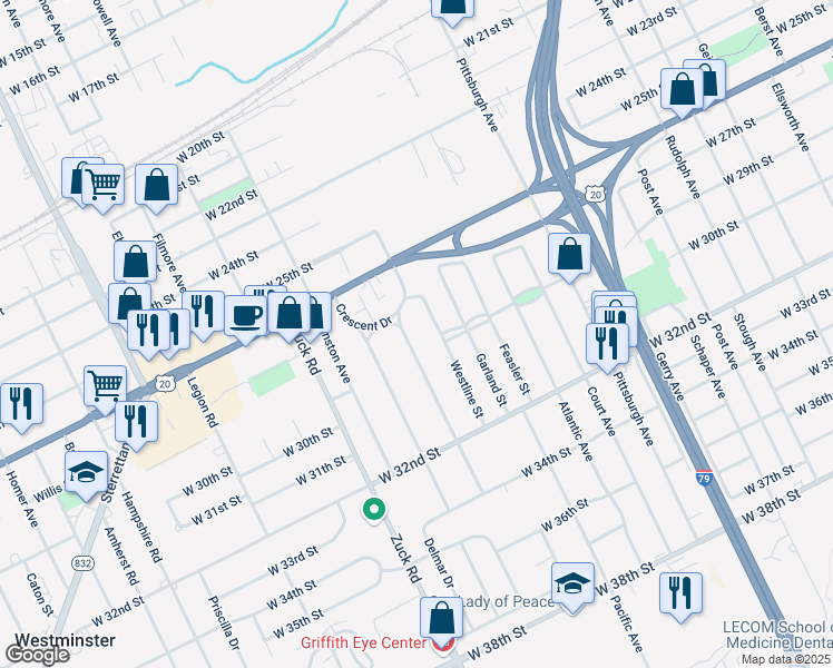 map of restaurants, bars, coffee shops, grocery stores, and more near 2810 Westline St in Erie