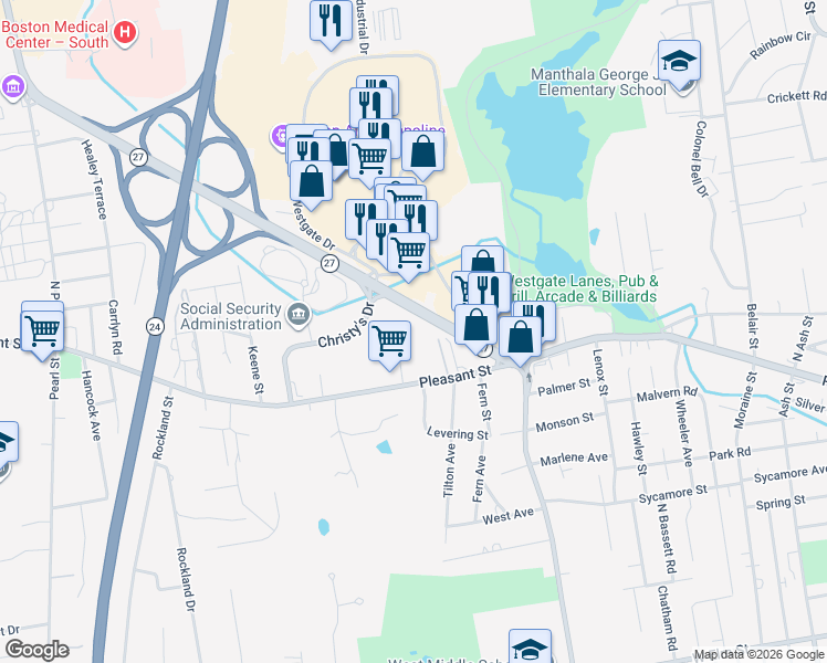 map of restaurants, bars, coffee shops, grocery stores, and more near 701 Pleasant Street in Brockton