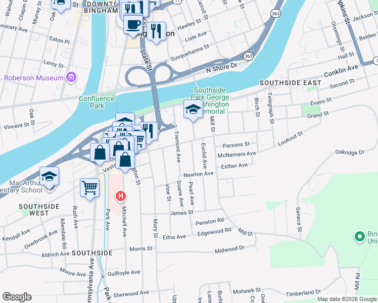map of restaurants, bars, coffee shops, grocery stores, and more near 6 Genesee Avenue in Binghamton
