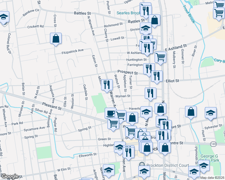 map of restaurants, bars, coffee shops, grocery stores, and more near 182 North Warren Avenue in Brockton