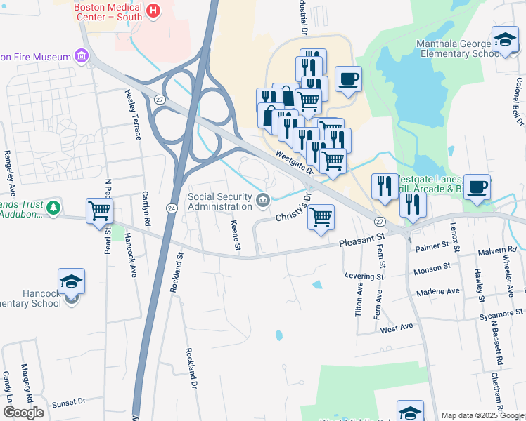 map of restaurants, bars, coffee shops, grocery stores, and more near 30 Christy's Drive in Brockton
