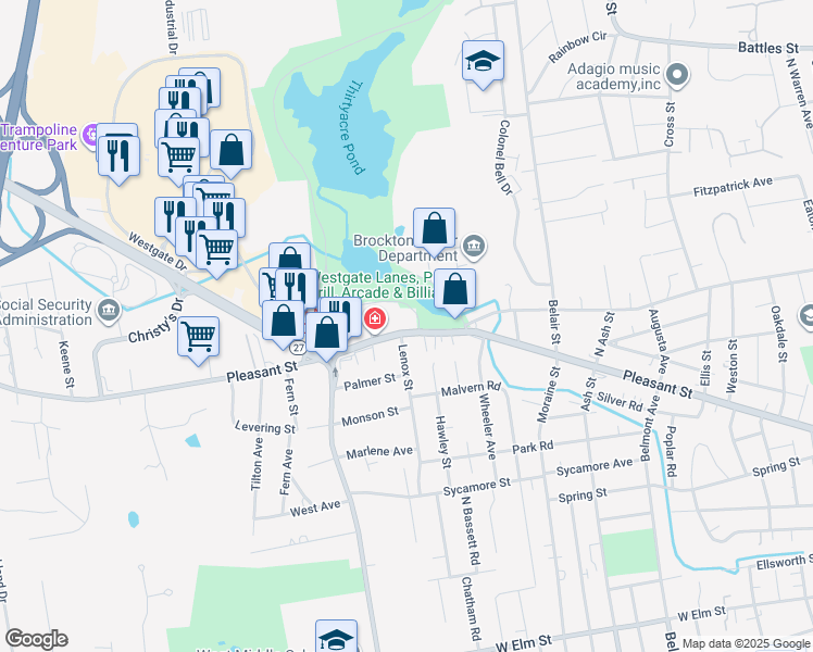 map of restaurants, bars, coffee shops, grocery stores, and more near 567 Pleasant Street in Brockton