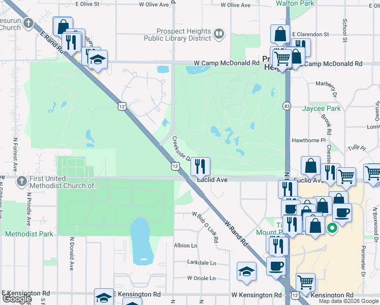 map of restaurants, bars, coffee shops, grocery stores, and more near 730 Creekside Drive in Mount Prospect