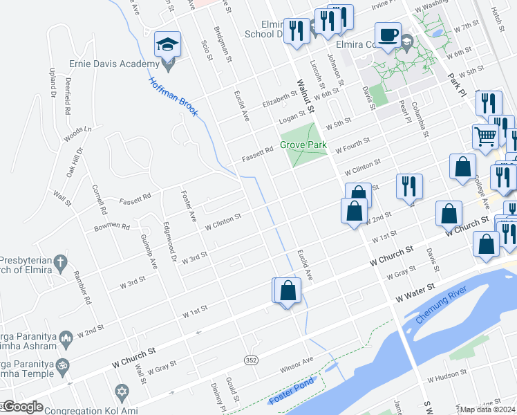 map of restaurants, bars, coffee shops, grocery stores, and more near 624 East Clinton Street in Elmira