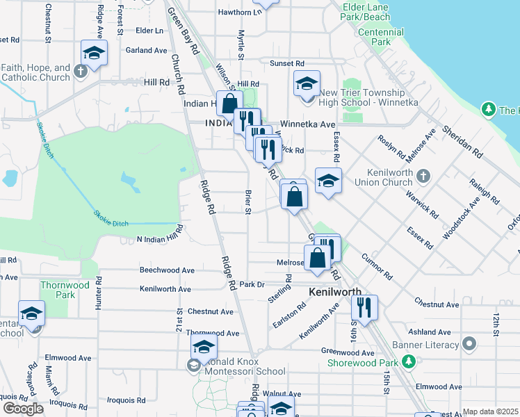 map of restaurants, bars, coffee shops, grocery stores, and more near 619 Roger Avenue in Kenilworth