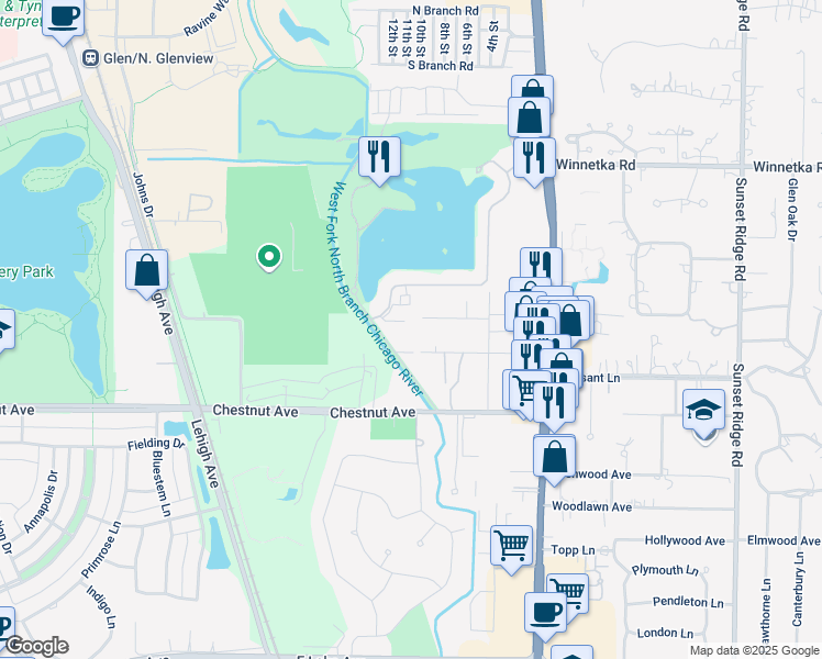 map of restaurants, bars, coffee shops, grocery stores, and more near 1935 Valley Lo Lane in Glenview