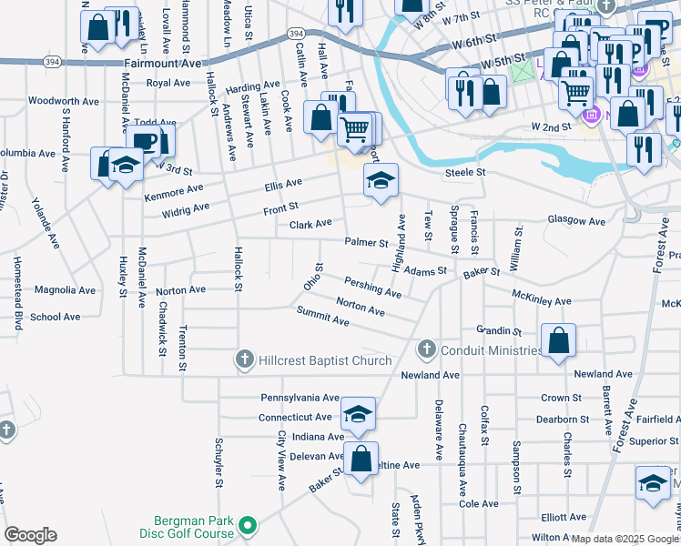 map of restaurants, bars, coffee shops, grocery stores, and more near 88 Pershing Avenue in Jamestown