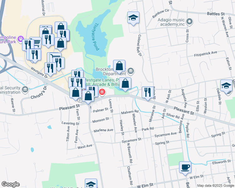 map of restaurants, bars, coffee shops, grocery stores, and more near 567 Pleasant Street in Brockton