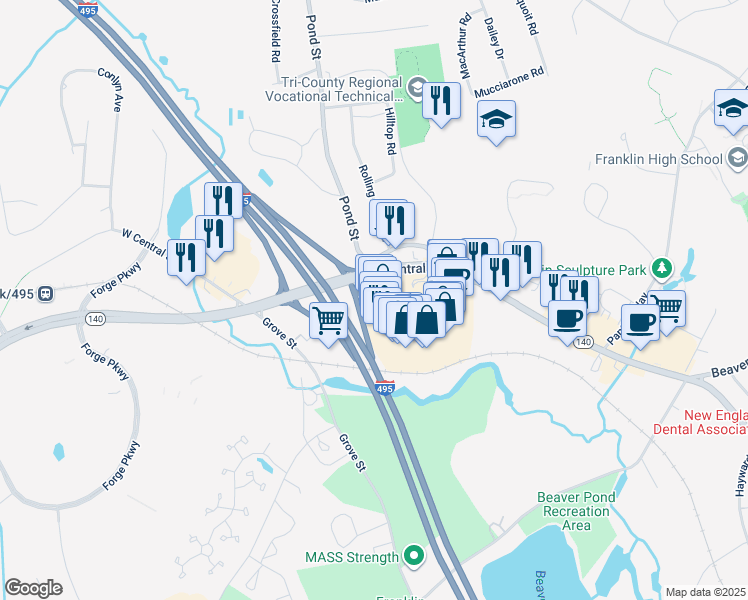 map of restaurants, bars, coffee shops, grocery stores, and more near 430 Franklin Village Drive in Franklin