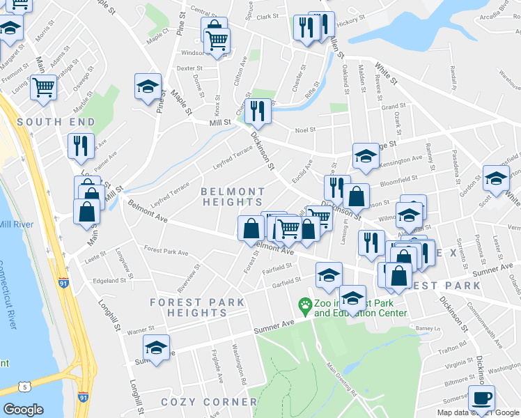 map of restaurants, bars, coffee shops, grocery stores, and more near 79 Marengo Park in Springfield