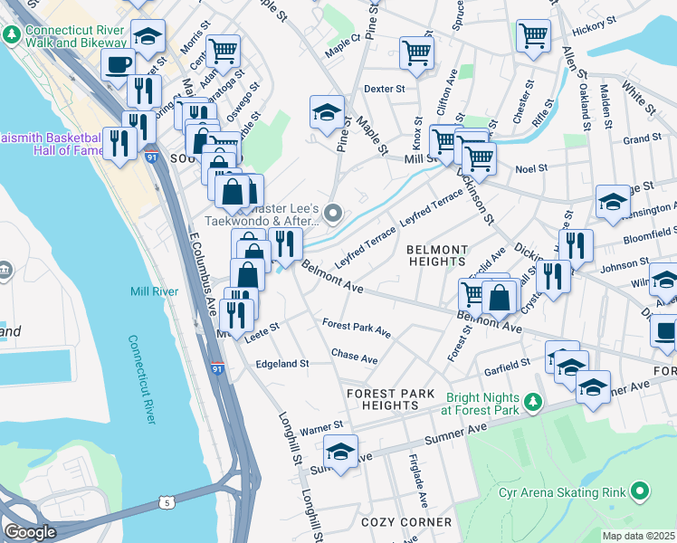 map of restaurants, bars, coffee shops, grocery stores, and more near 23 Leyfred Terrace in Springfield