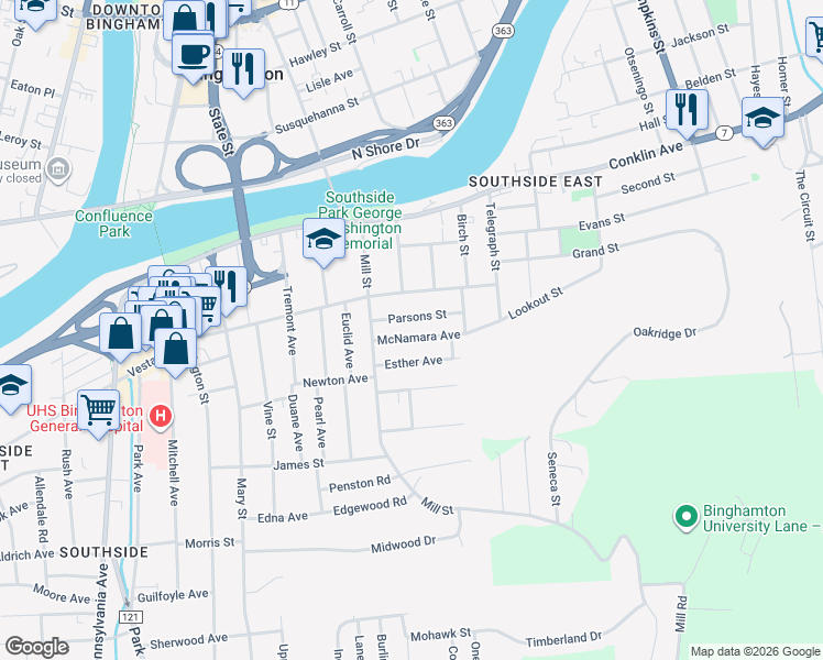 map of restaurants, bars, coffee shops, grocery stores, and more near 14 Parsons Street in Binghamton