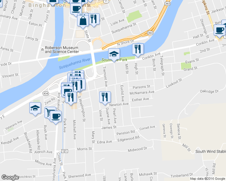 map of restaurants, bars, coffee shops, grocery stores, and more near 1246 Vestal Avenue in Binghamton