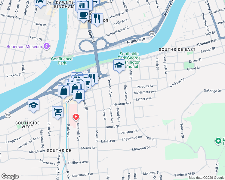 map of restaurants, bars, coffee shops, grocery stores, and more near 1246 Vestal Avenue in Binghamton