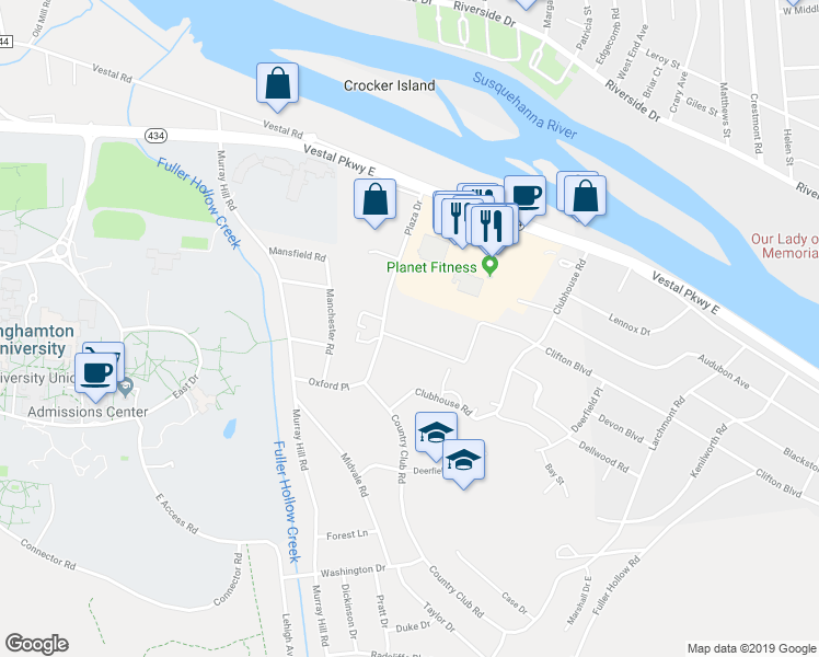 map of restaurants, bars, coffee shops, grocery stores, and more near 483 Plaza Drive in Vestal