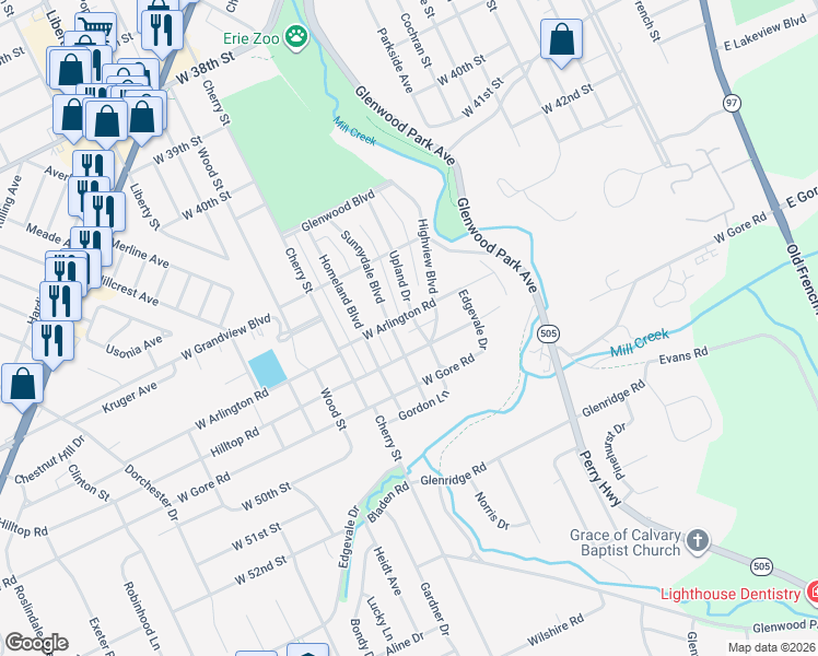 map of restaurants, bars, coffee shops, grocery stores, and more near 447 Arlington Road in Erie