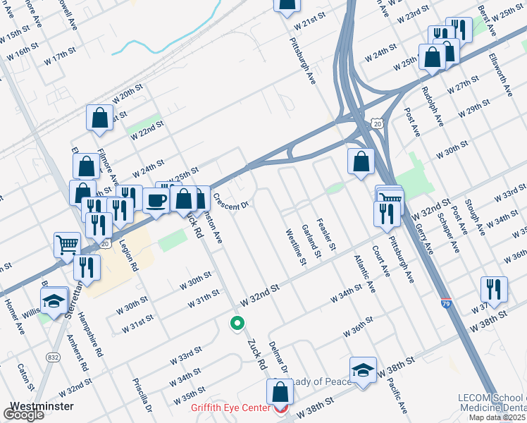 map of restaurants, bars, coffee shops, grocery stores, and more near 2810 Westline St in Erie