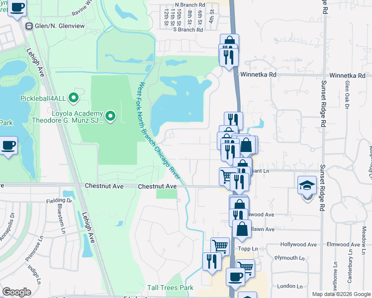 map of restaurants, bars, coffee shops, grocery stores, and more near 1834 Rogers Avenue in Glenview