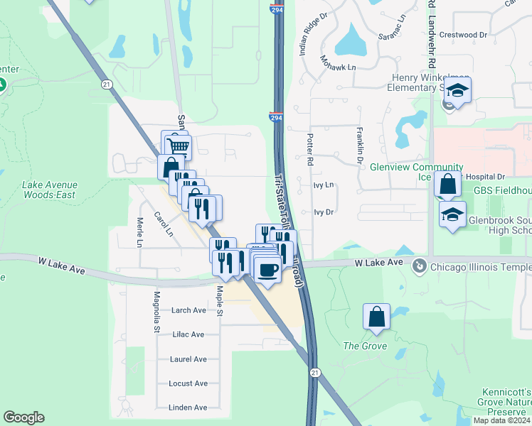 map of restaurants, bars, coffee shops, grocery stores, and more near 3424 Salem Walk in Northbrook