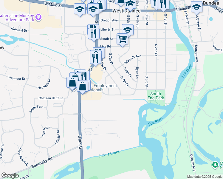 map of restaurants, bars, coffee shops, grocery stores, and more near 639 Edwards Avenue in West Dundee
