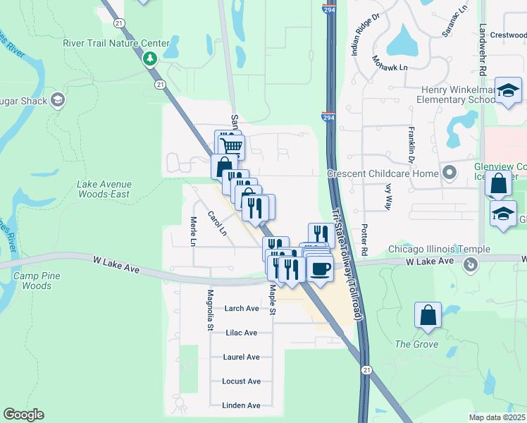 map of restaurants, bars, coffee shops, grocery stores, and more near 3424 Salem Walk in Northbrook