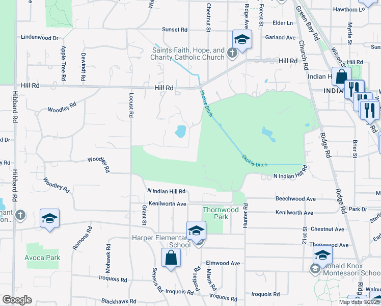 map of restaurants, bars, coffee shops, grocery stores, and more near 34 Indian Hill Road in Winnetka