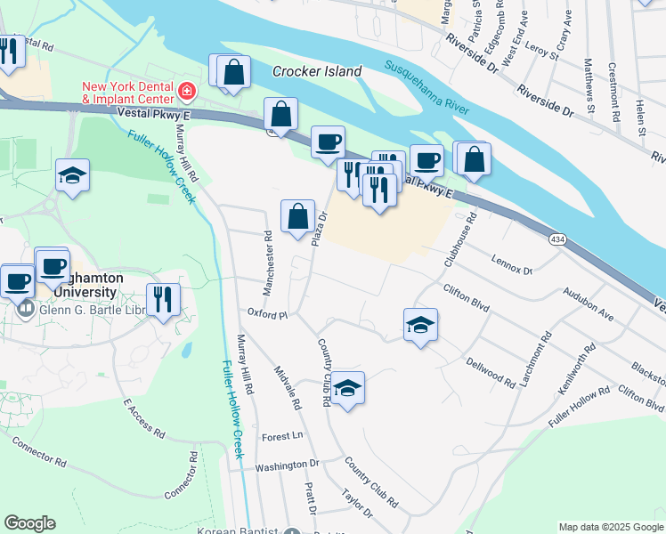 map of restaurants, bars, coffee shops, grocery stores, and more near 421 Plaza Drive in Vestal