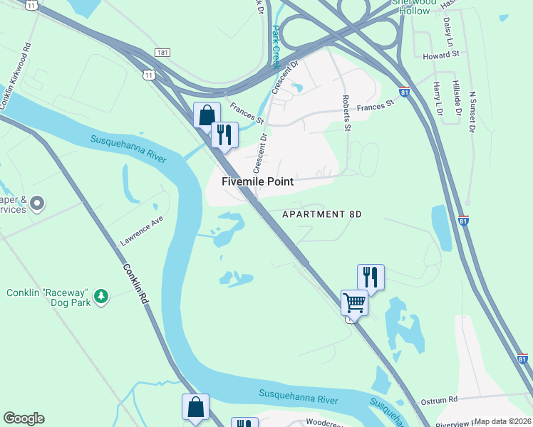 map of restaurants, bars, coffee shops, grocery stores, and more near 919 New York State Bicycle Route 11 in Kirkwood
