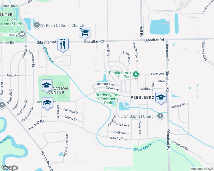 map of restaurants, bars, coffee shops, grocery stores, and more near 24009 Romero Avenue in Flat Rock