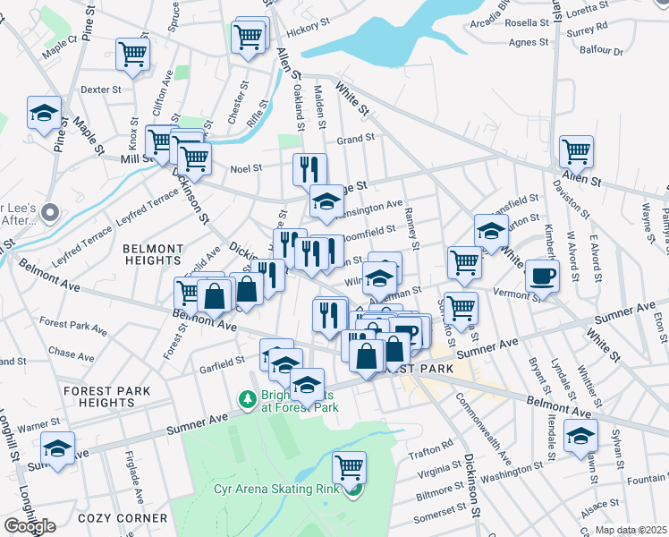 map of restaurants, bars, coffee shops, grocery stores, and more near 47 Johnson Street in Springfield