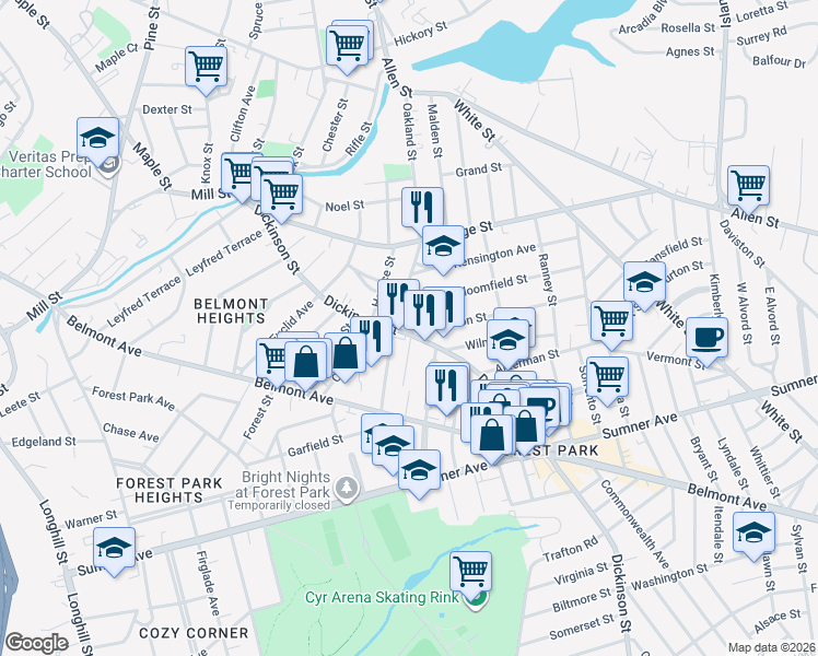 map of restaurants, bars, coffee shops, grocery stores, and more near 22 Johnson Street in Springfield