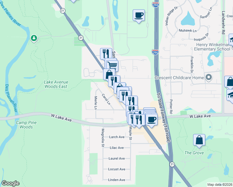map of restaurants, bars, coffee shops, grocery stores, and more near 3482 Milwaukee Avenue in Northbrook