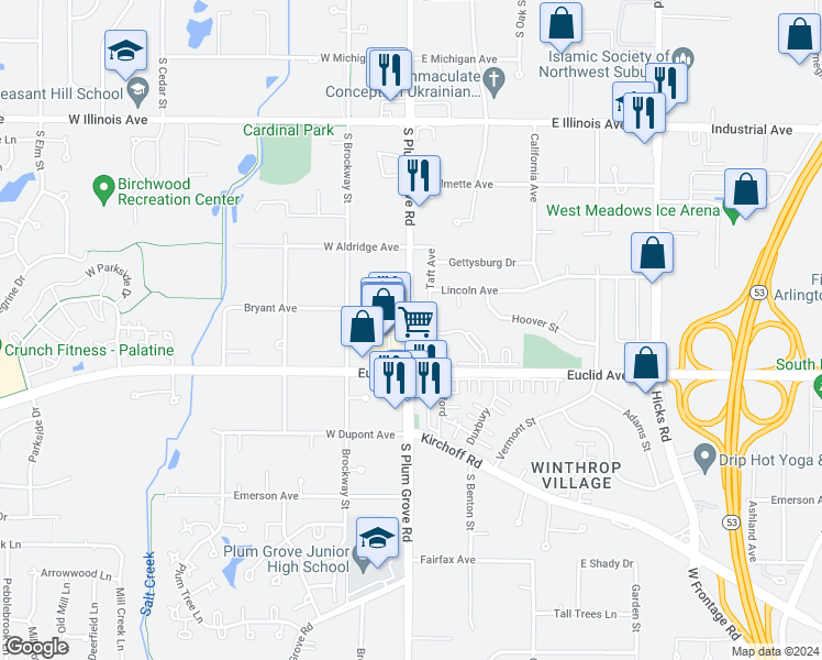 map of restaurants, bars, coffee shops, grocery stores, and more near 5412 Kings Walk Drive in Rolling Meadows